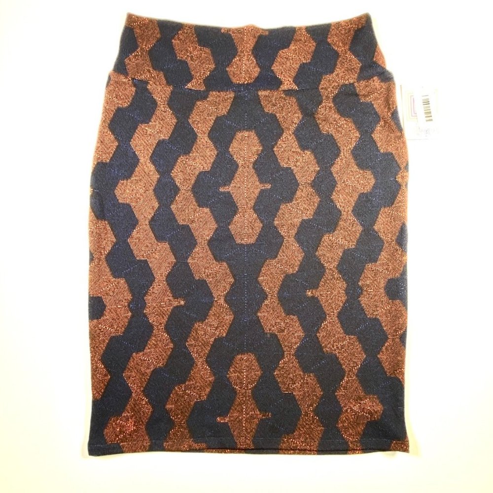 LuLaRoe CASSIE Pencil Skirt Blue Orange Pattern L